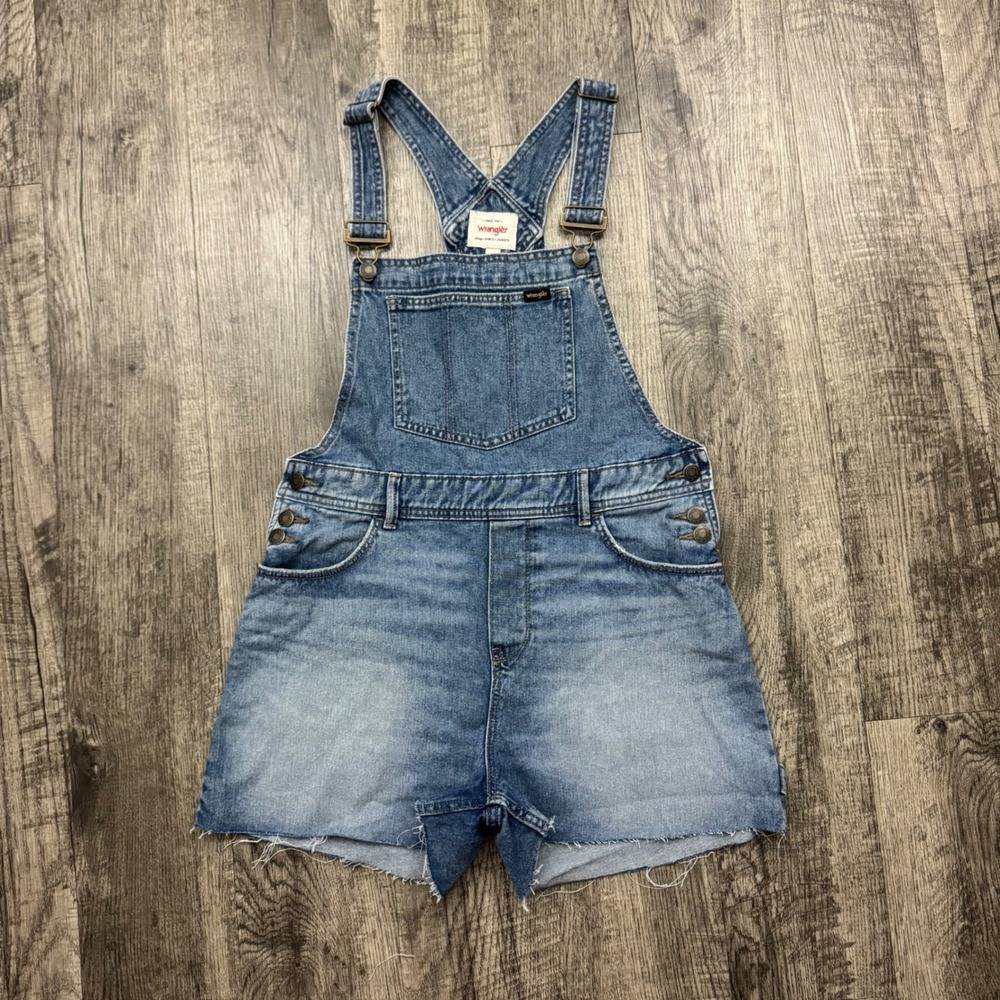 Wrangler Denim Bib Short Overalls Shortalls Rainbow Logo Frayed Hem Sz Small
